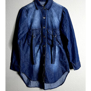 Thrill Jeans Medium Denim Shirt Acid Wash Shacket Factory Distressed Boho Grunge